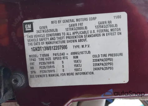 2001 GMC Jimmy Sle from USA, damaged, VIN 1GKDT13W812207986